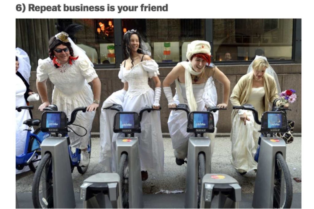 Vox "Repeat Business is Your Friend" with photo of brides on bikes