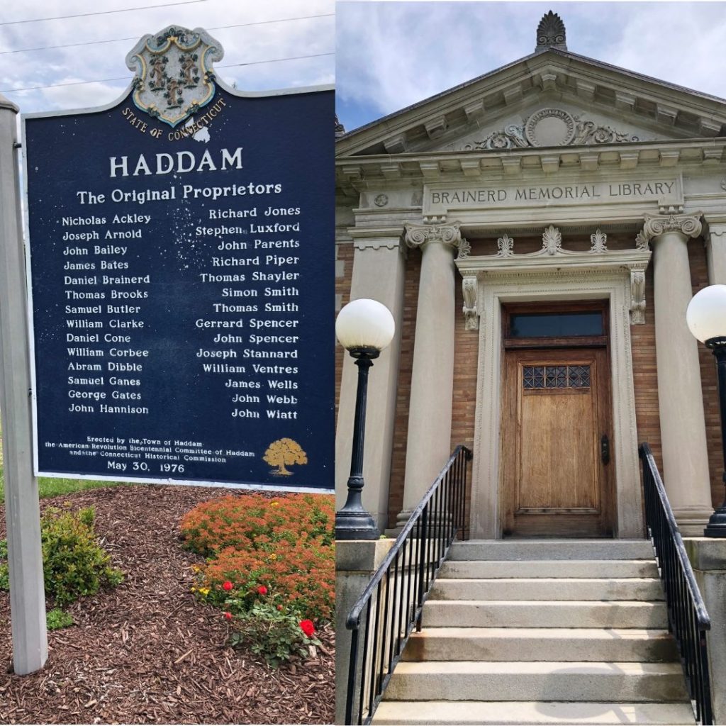 Collage of Haddam, CT sign and library