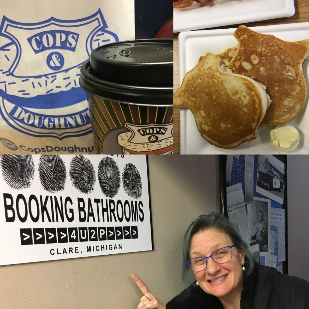 Cops & Doughnuts packaging, sheild shaped pancakes and funny sign to the bathroom