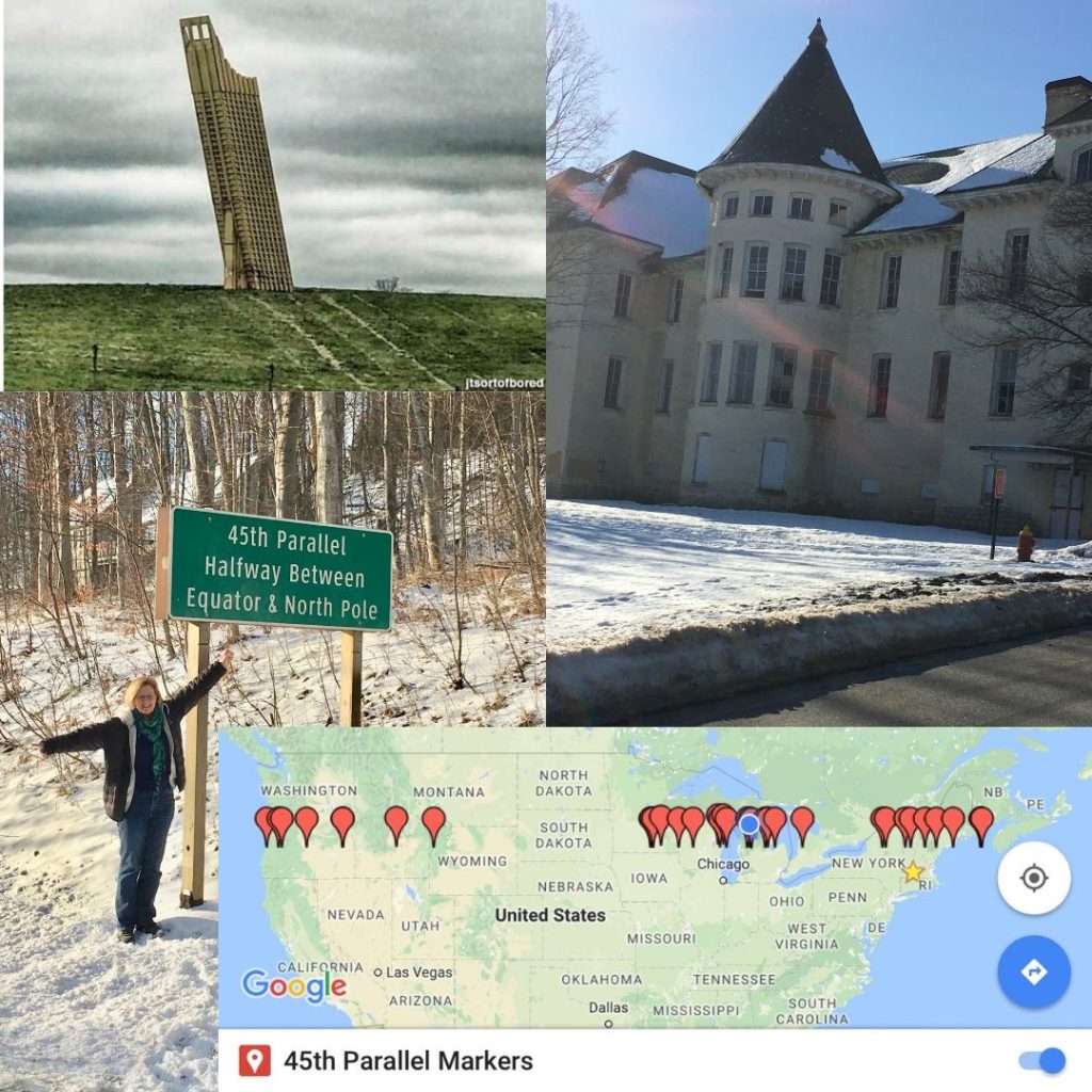 Four different roadside attractions in Michigan including the 45th parallel and Leaning Tower of Pizza HQ
