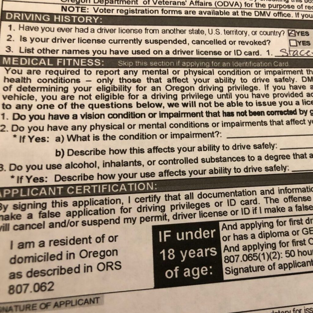 DMV application close up