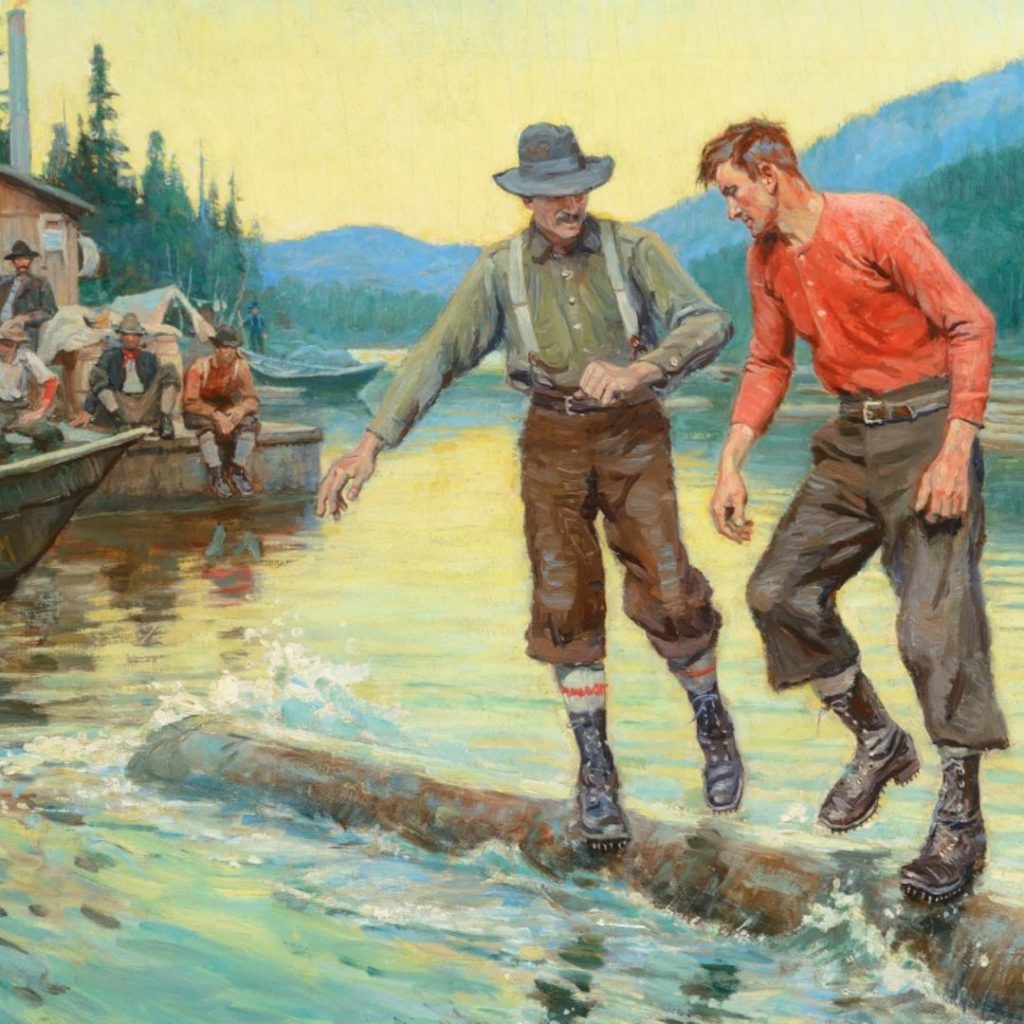 painting of two log rolling lumber jacks by Phillip Goodwin, 1921