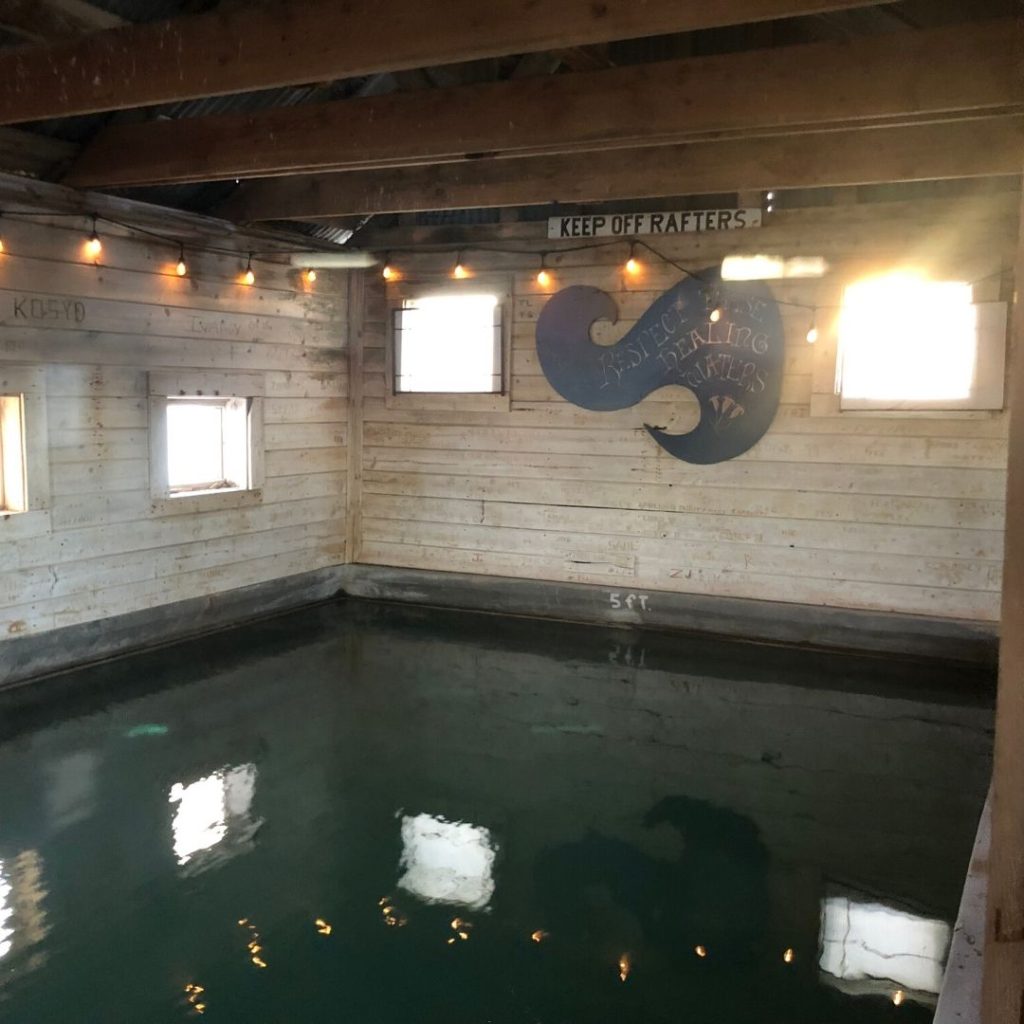 Inside the barn looking at the hot spring pool