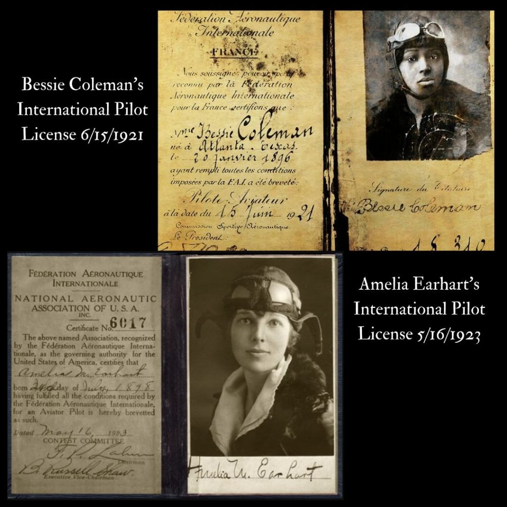 images of Bessie Coleman and Amelia Earhart's Internation Pilot License