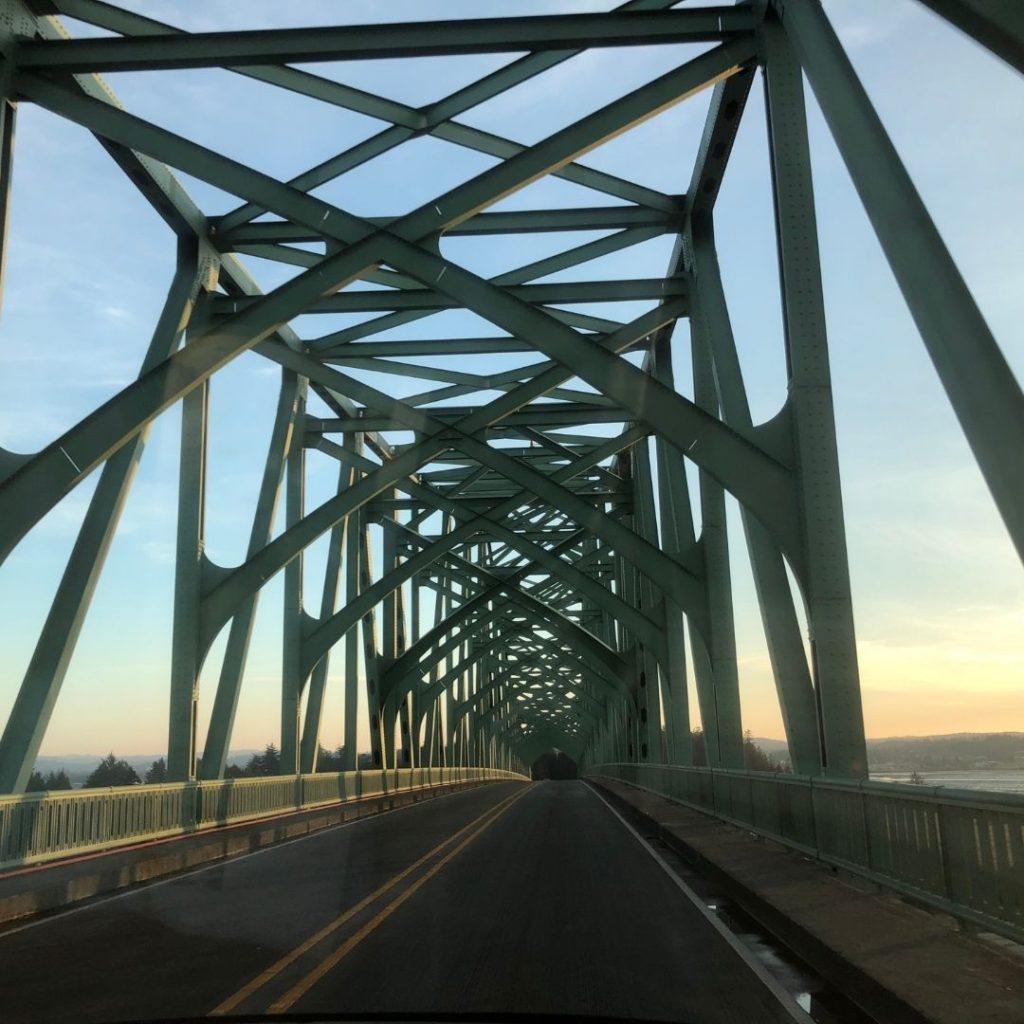old bridge heading to North Bend, OR