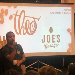 Aaron Lindstrom of Theo speaking about coffee and chocolate
