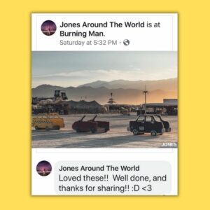 instagram post by Jones Around the World showing image of taxi art installation at Burning Man