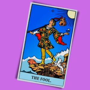 The Fool tarot card on purple background