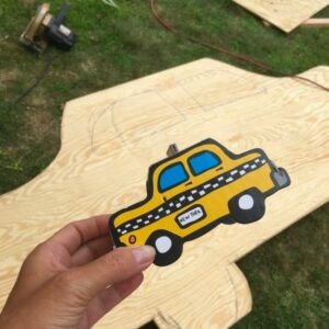 Marc Tetro little NYC pop art taxi against plywood cut out