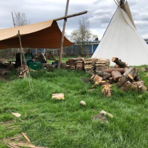 Dan Coyle's backyard with teepee, tent over teaching area
